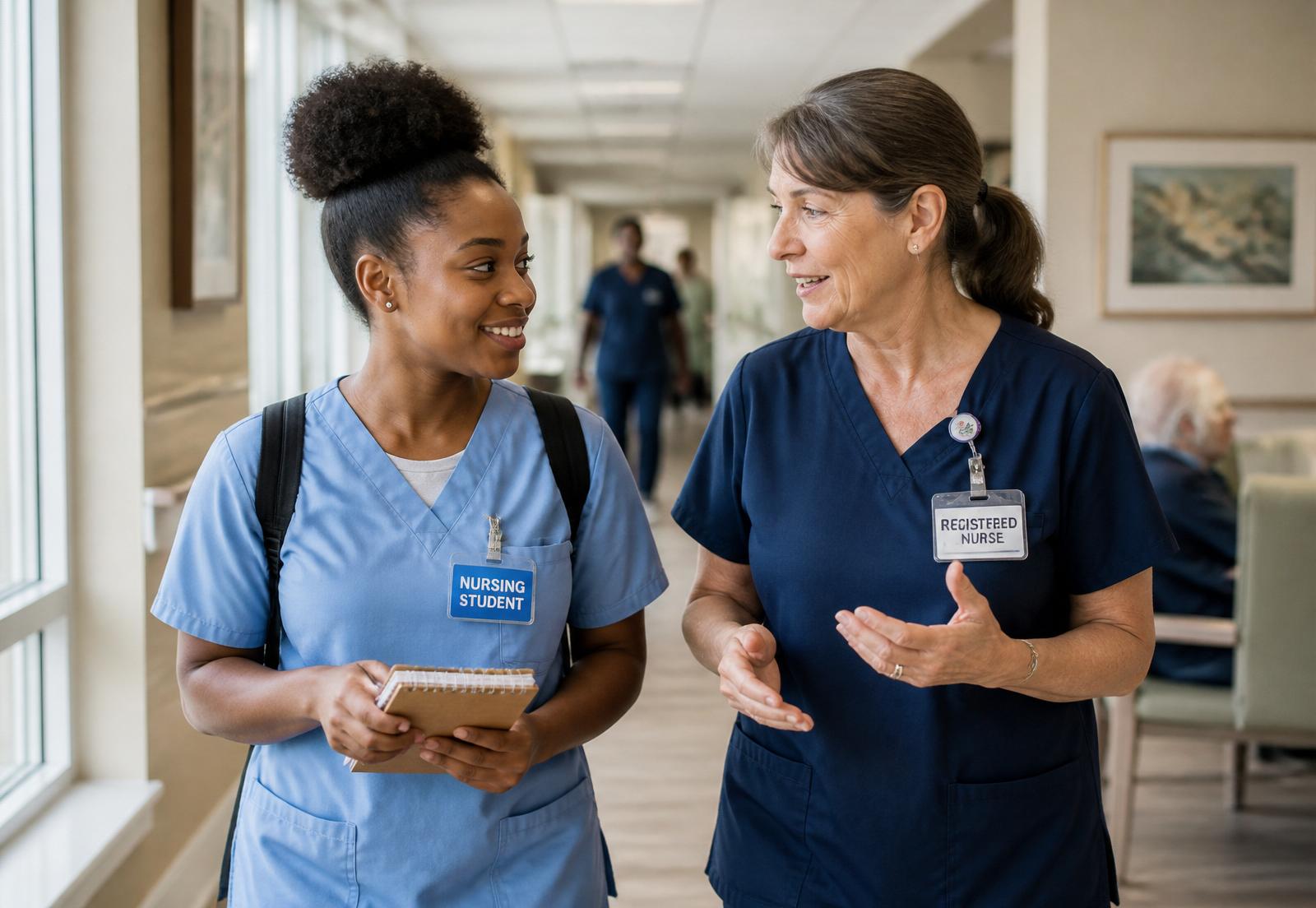 Nursing student observing an experienced registered nurse in a skilled nursing facility